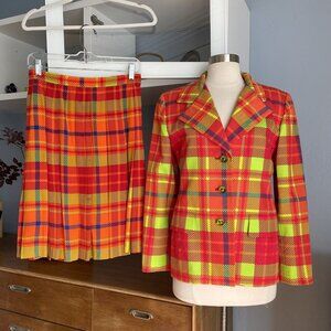 Vtg GLORIA SACHS 1980s 2 PC Suit Skirt Jacket Plaid Print Size M